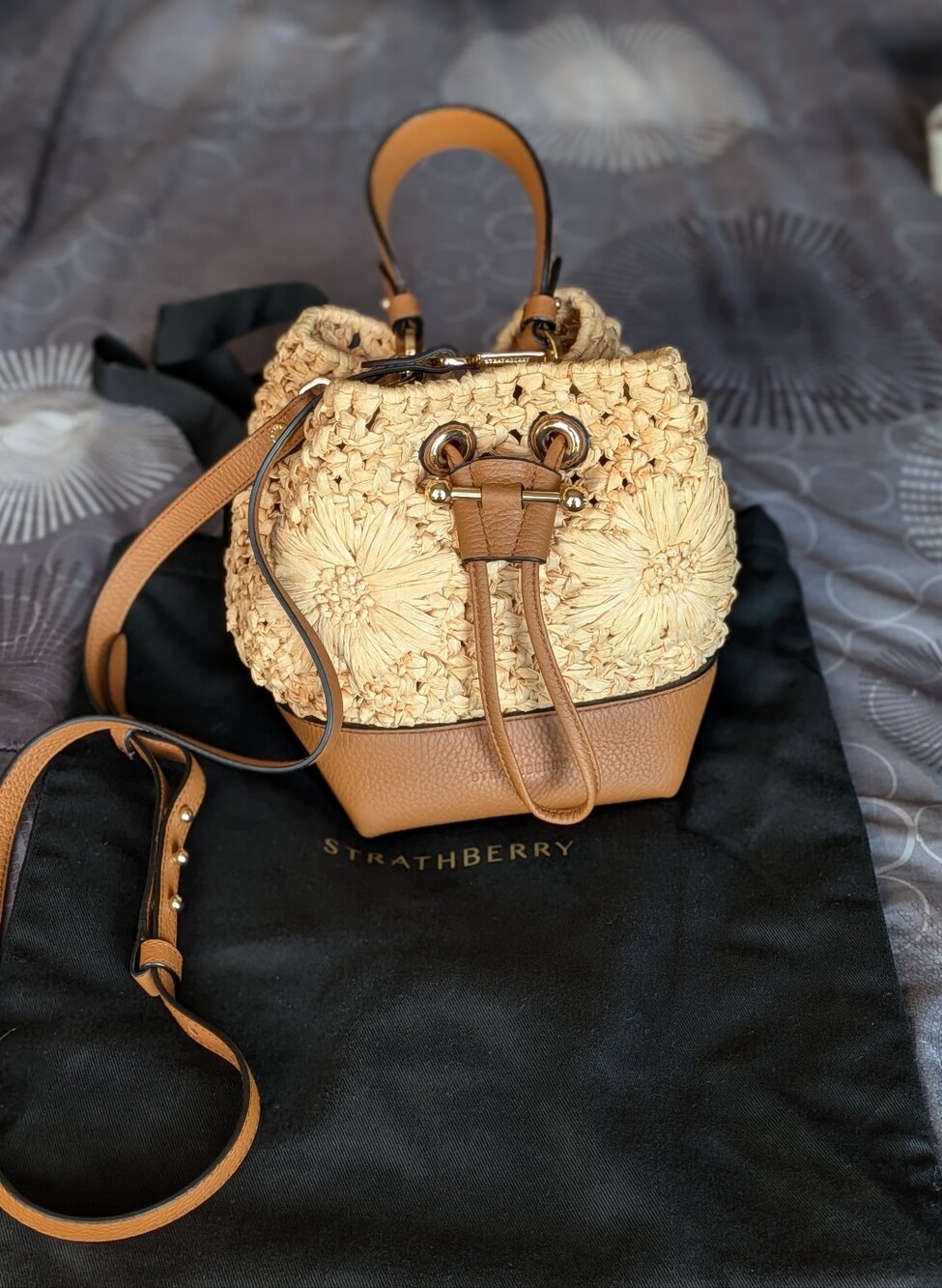 Strathberry Osette Floral Paper Raffia Tan Bucket Bag